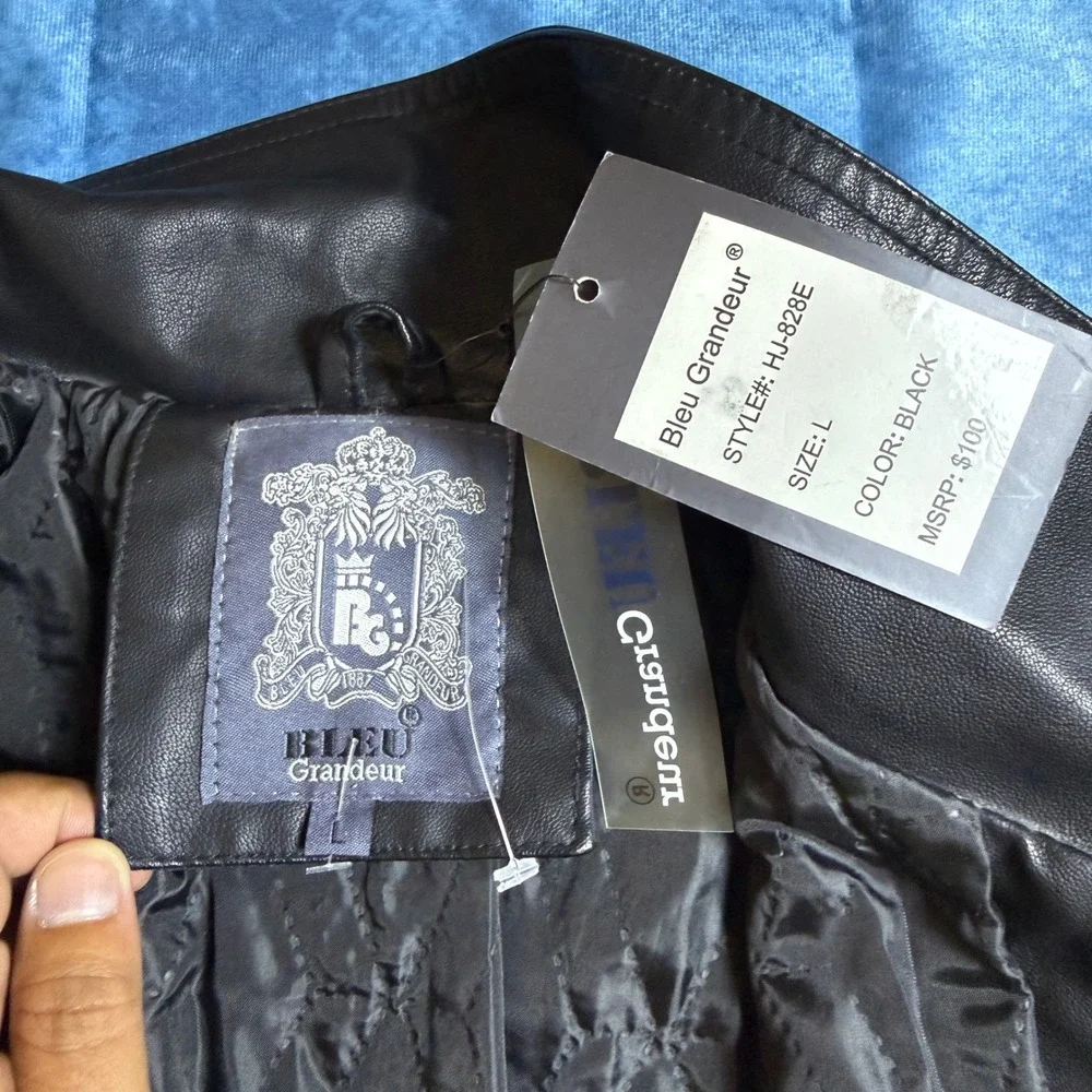 Bleu Grandeur Mens Black Faux Leather Moto Jacket HJ-828E NWT Large